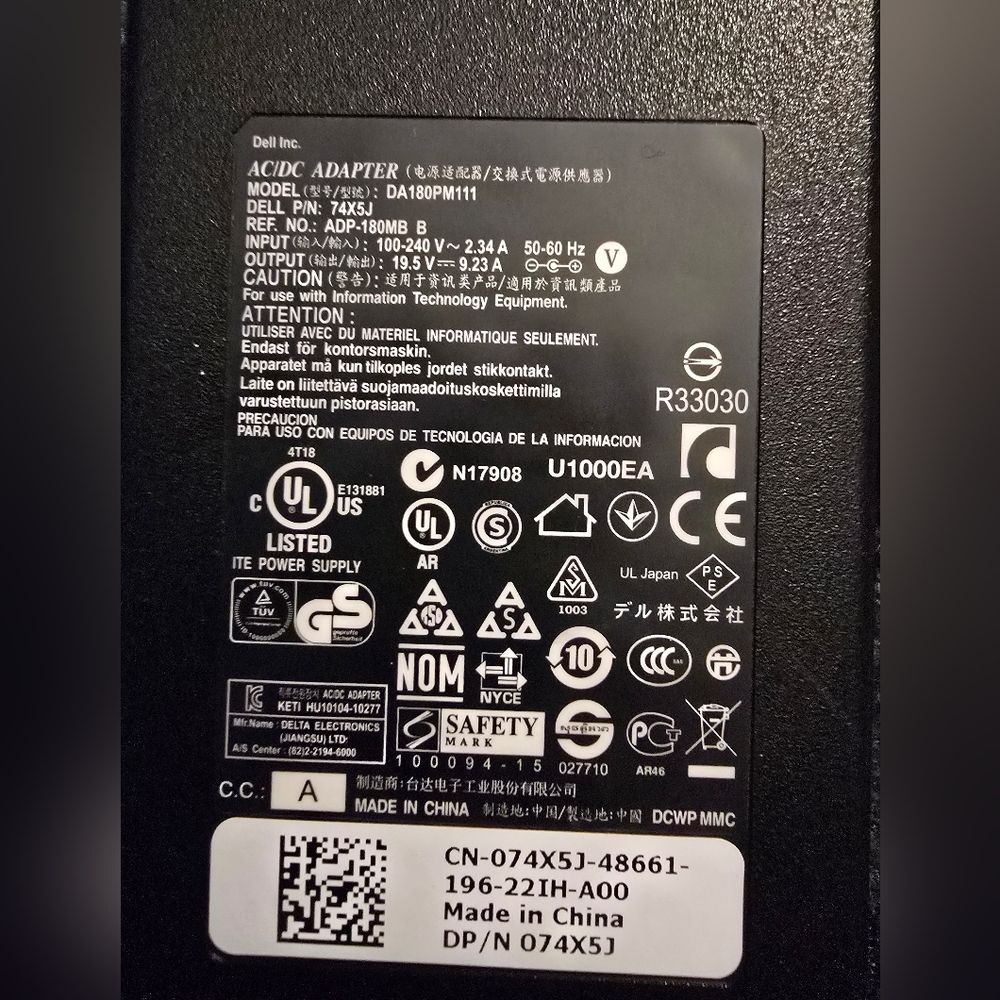 Dell Adaptor 180W 7.4mm*5.0mm Laptop Power Cord
